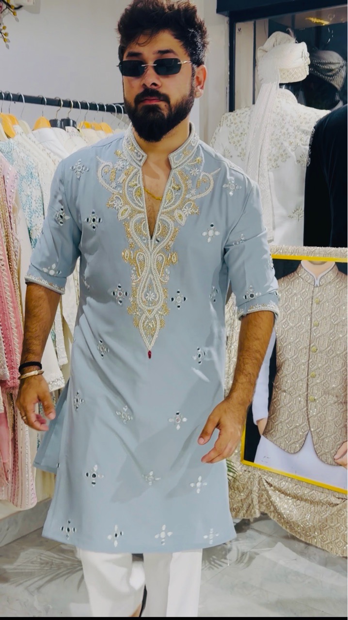Sky Blue V Neck Carnival Kurta With Pants view 4