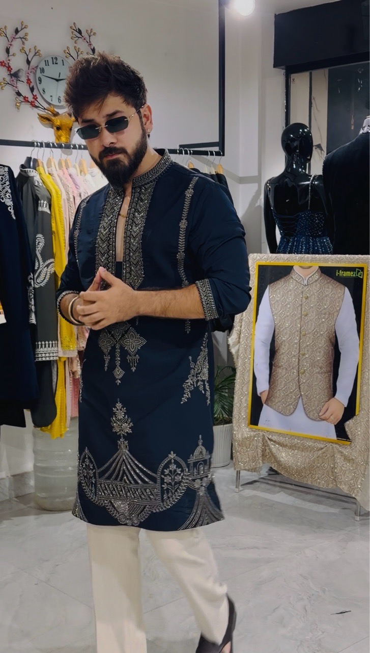 Navy Embroidered Kurta With Pant view 3