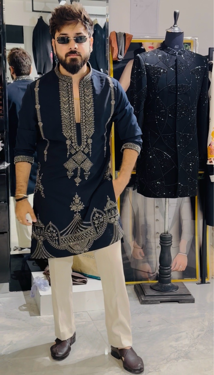 Navy Embroidered Kurta With Pant view 2