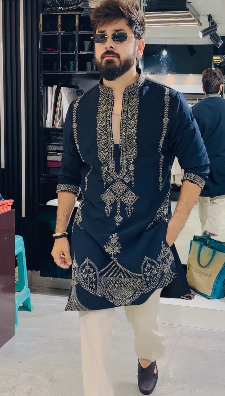 Navy Embroidered Kurta With Pant
