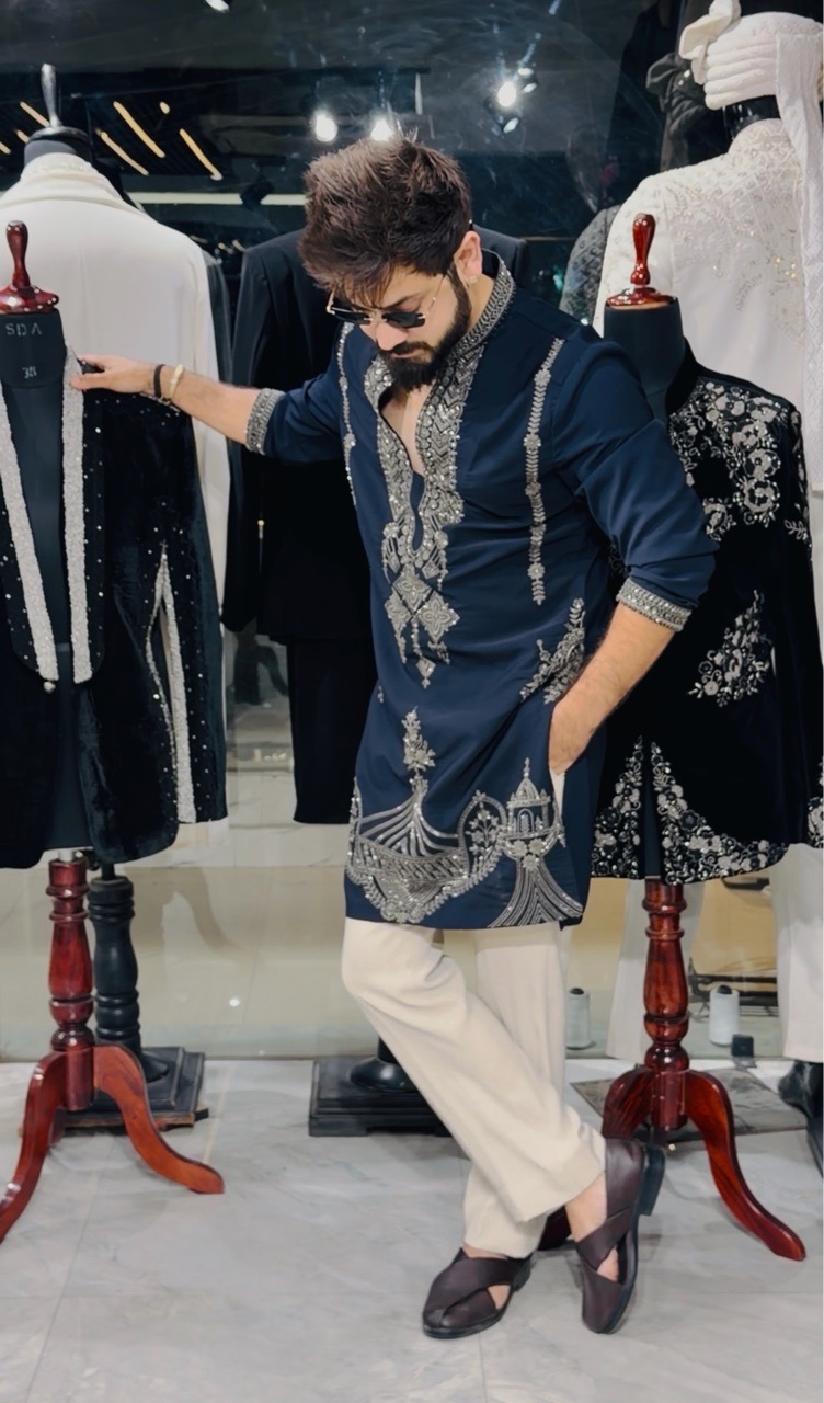 Navy Embroidered Kurta With Pant view 4