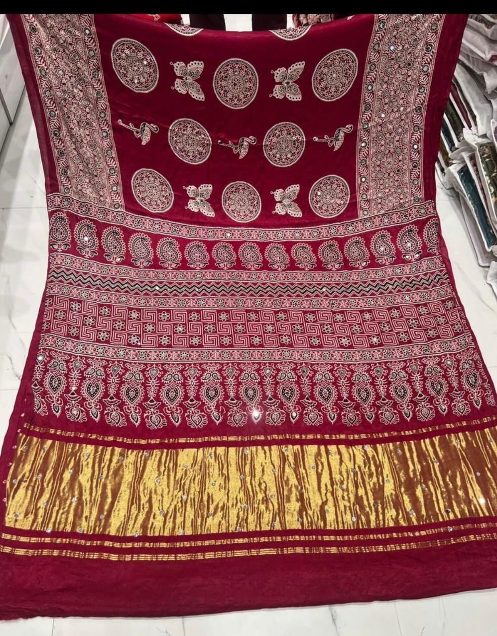 Traditional Red Ajrakh Saree view 4