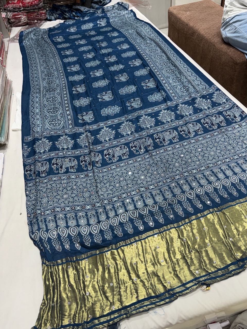 Blue Ajrakh Saree view 4
