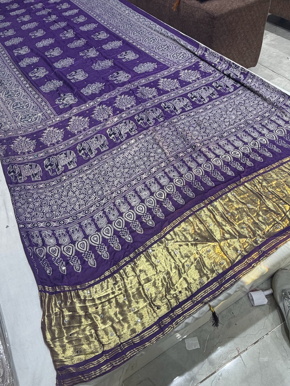 Traditional Purple Ajrakh Saree view 4