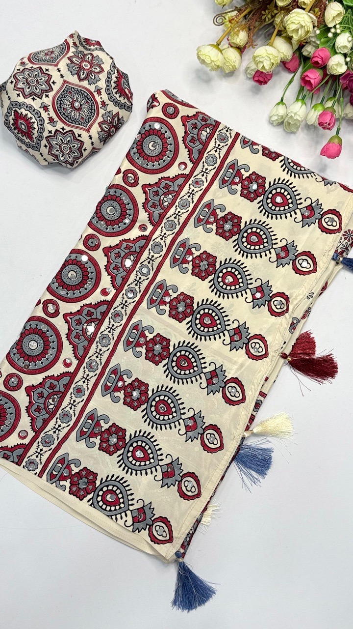 Traditional White Ajrakh Saree view 3