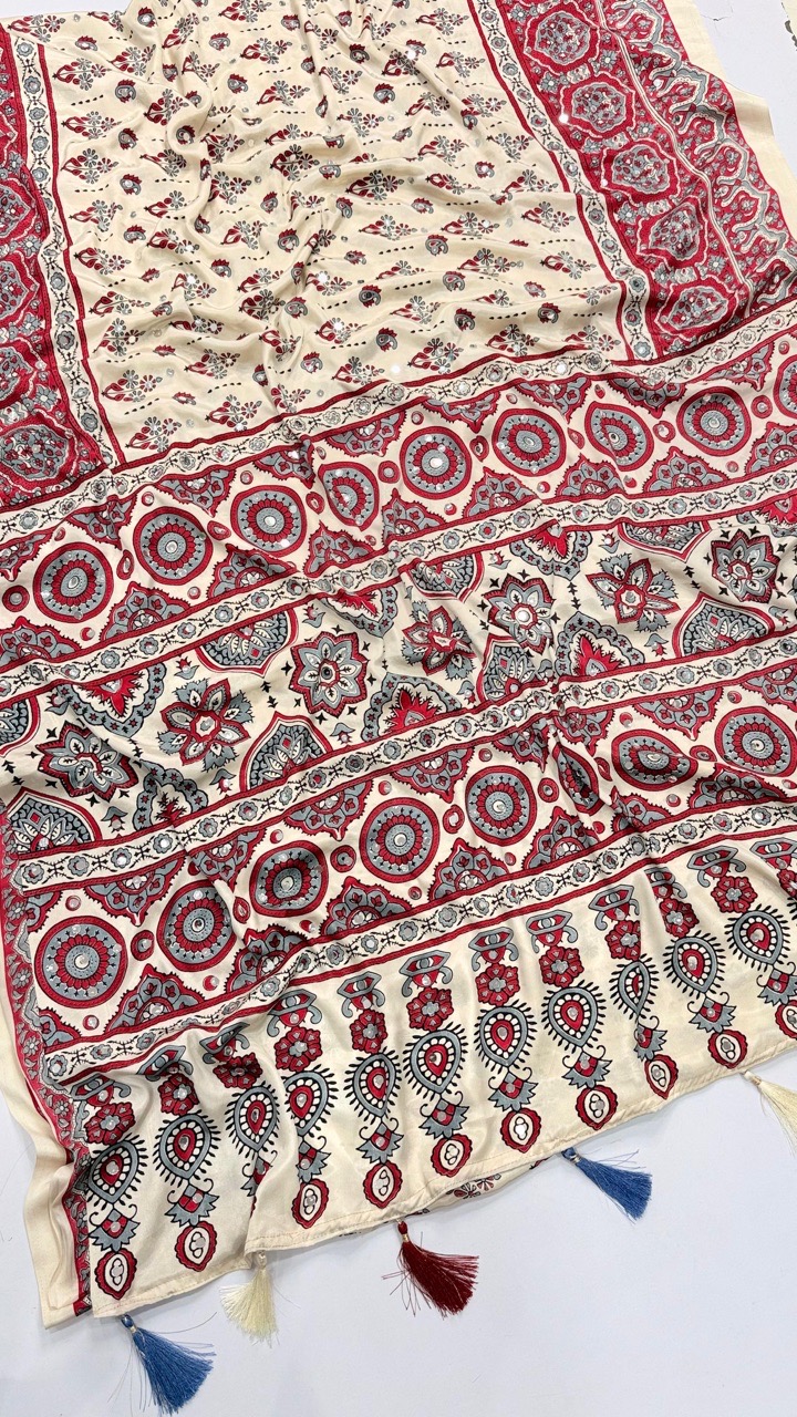 Traditional White Ajrakh Saree view 6