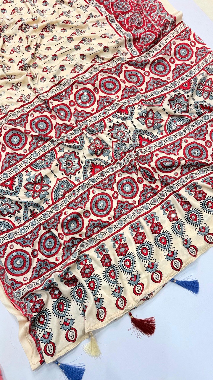 Traditional White Ajrakh Saree view 5