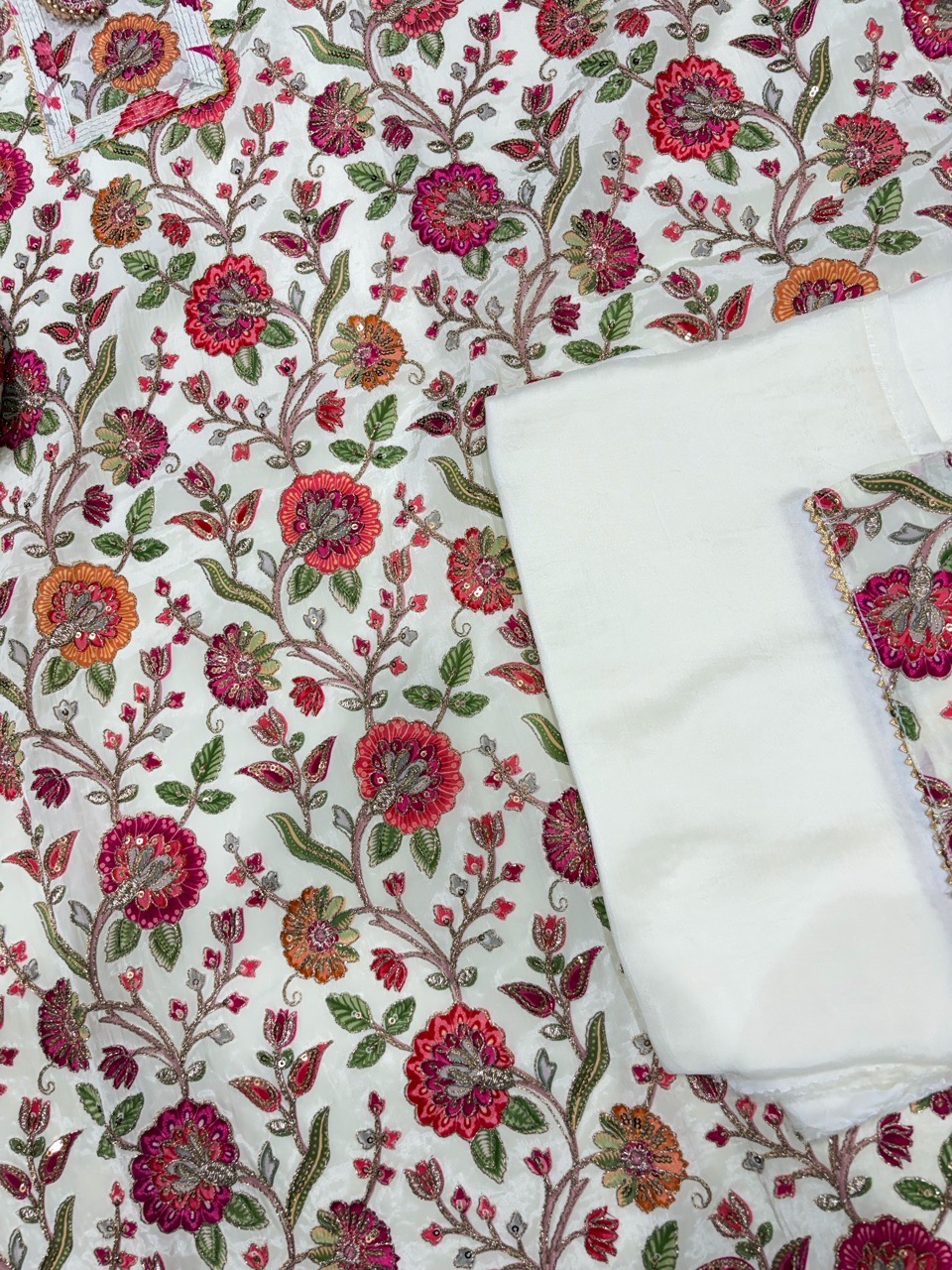 White With Follower Print Unstitched Suit view 2