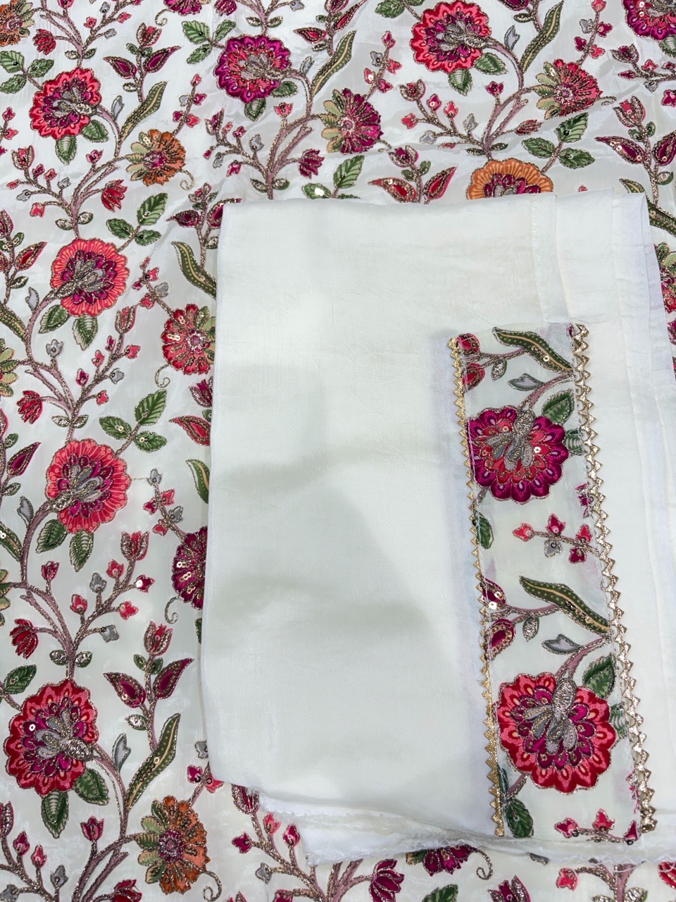 White With Follower Print Unstitched Suit view 3