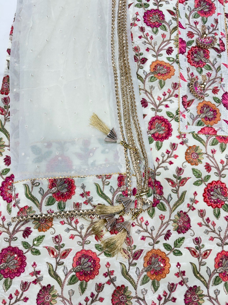 White With Follower Print Unstitched Suit view 4