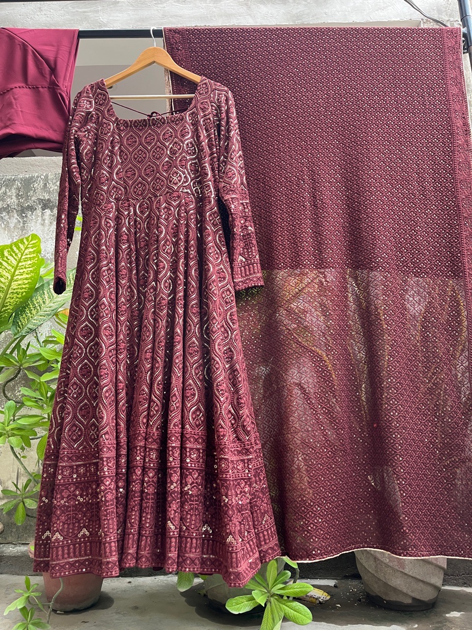 ‘Husn’ Chikankari Anarkali- Brown