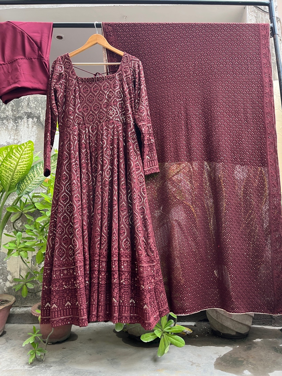 ‘Husn’ Chikankari Anarkali- Brown view 2