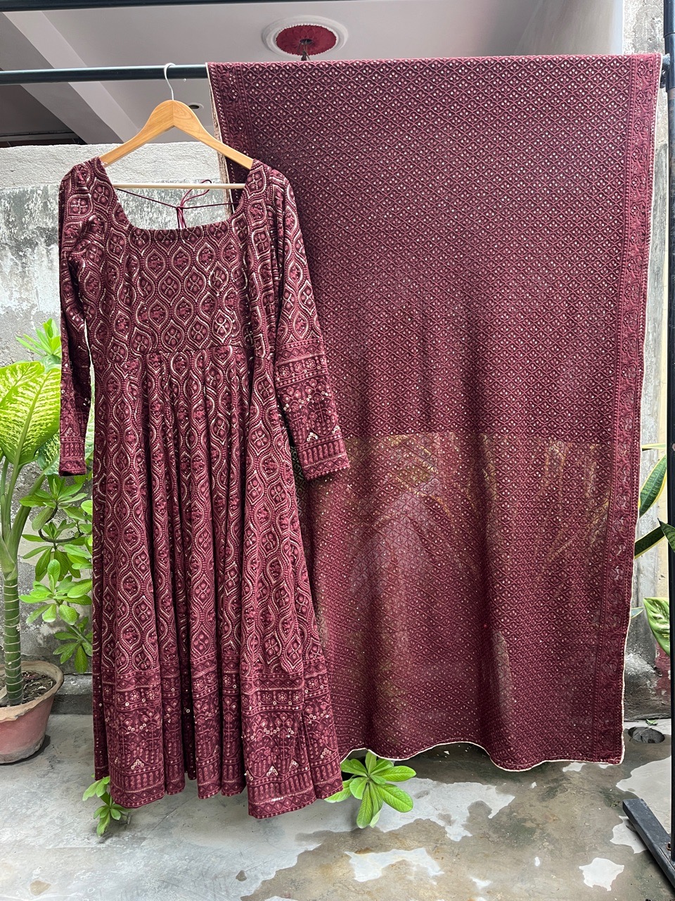 ‘Husn’ Chikankari Anarkali- Brown view 3