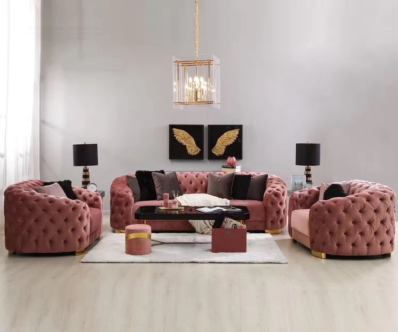 Velvet Tufted Sofa Set view 3