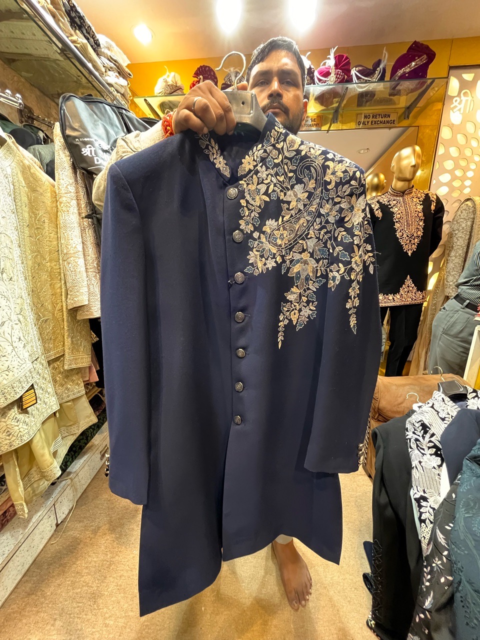 Embroidered Navy Blue Sherwani view 2