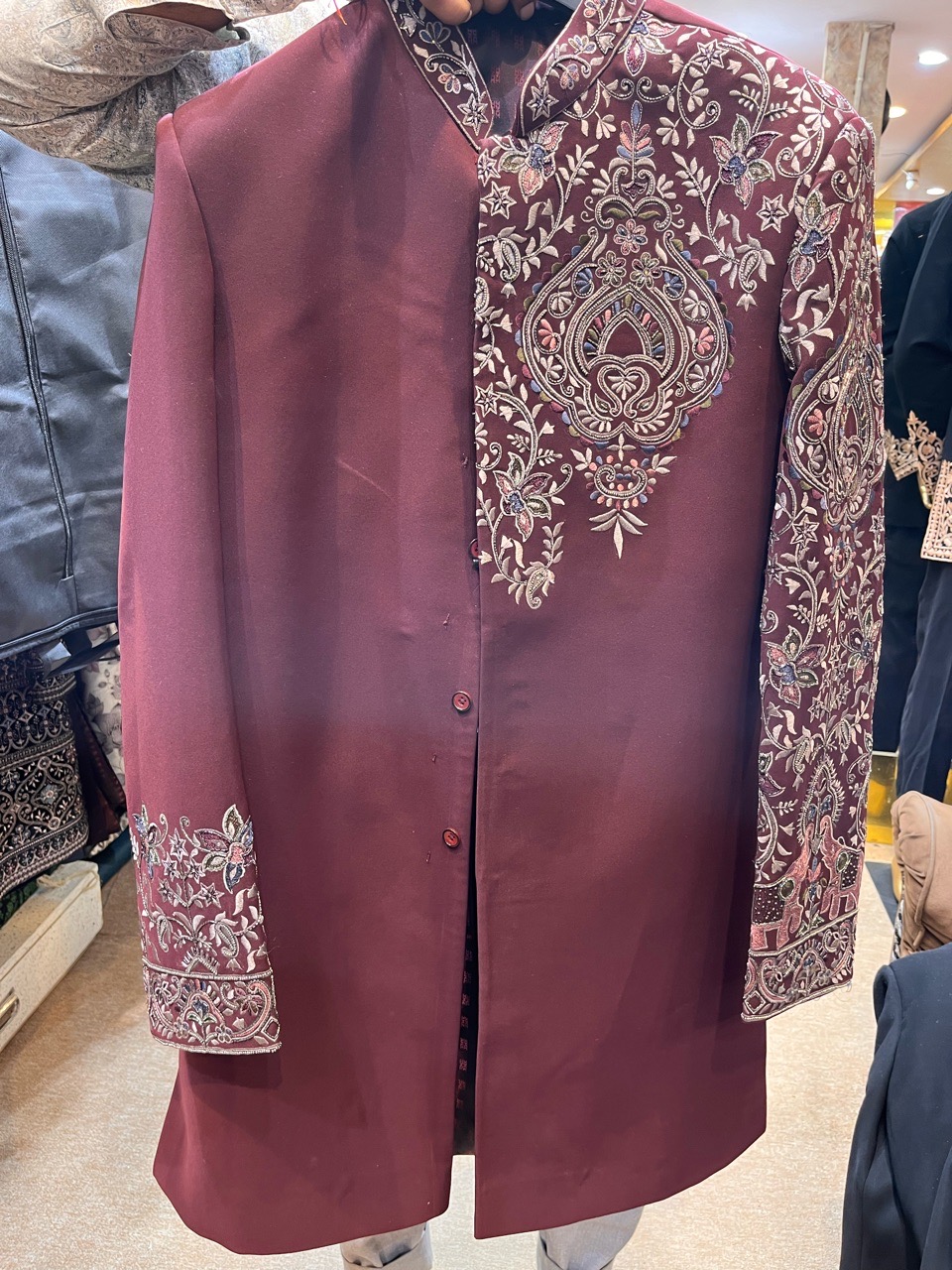 Embroidered Burgundy Sherwani view 2