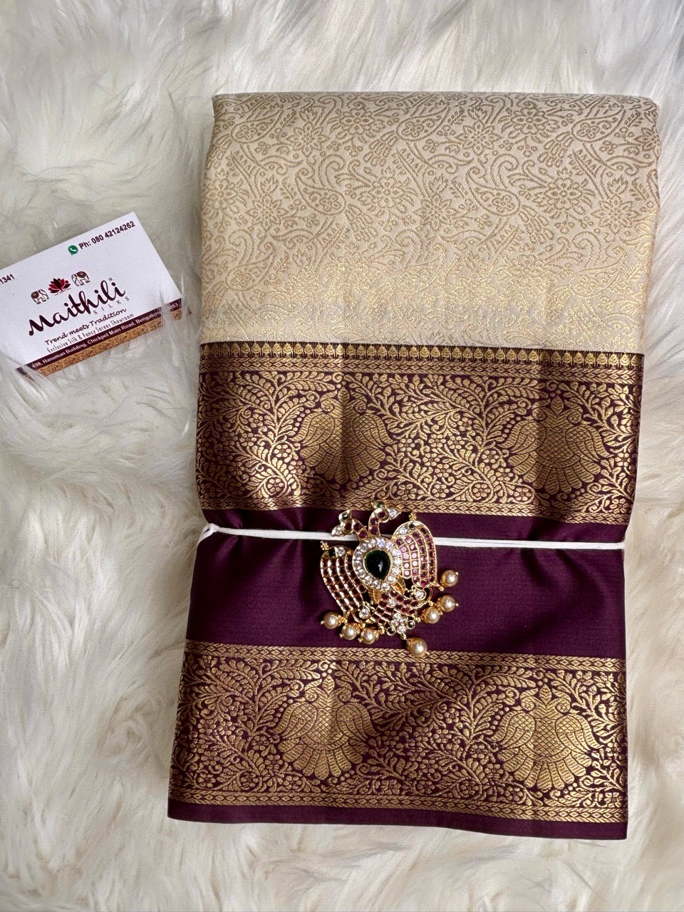 Beige and Purple Silk Saree view 2
