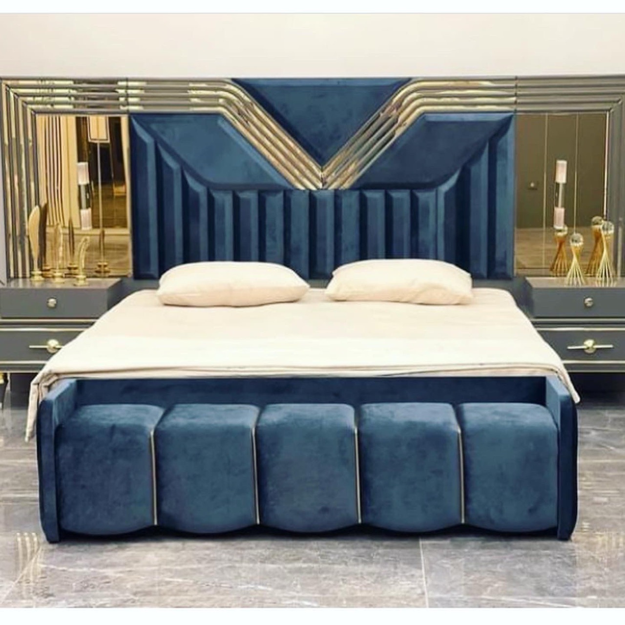 Modern Blue V Shape Golden Mirror Bed view 2
