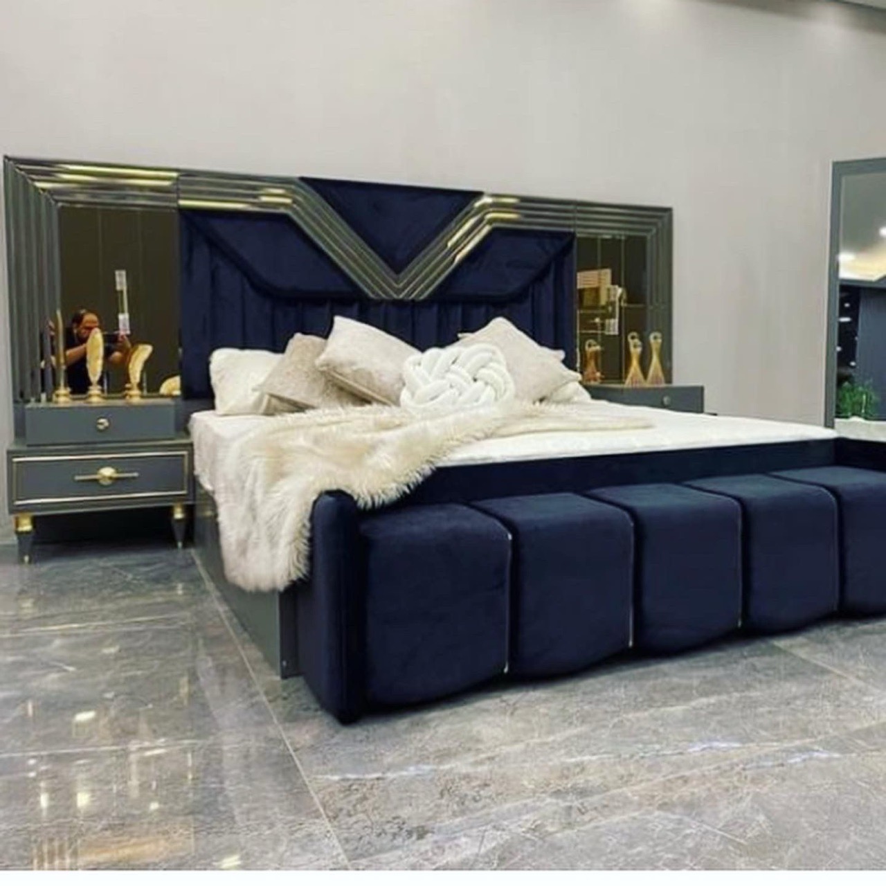 Modern Blue V Shape Golden Mirror Bed view 3