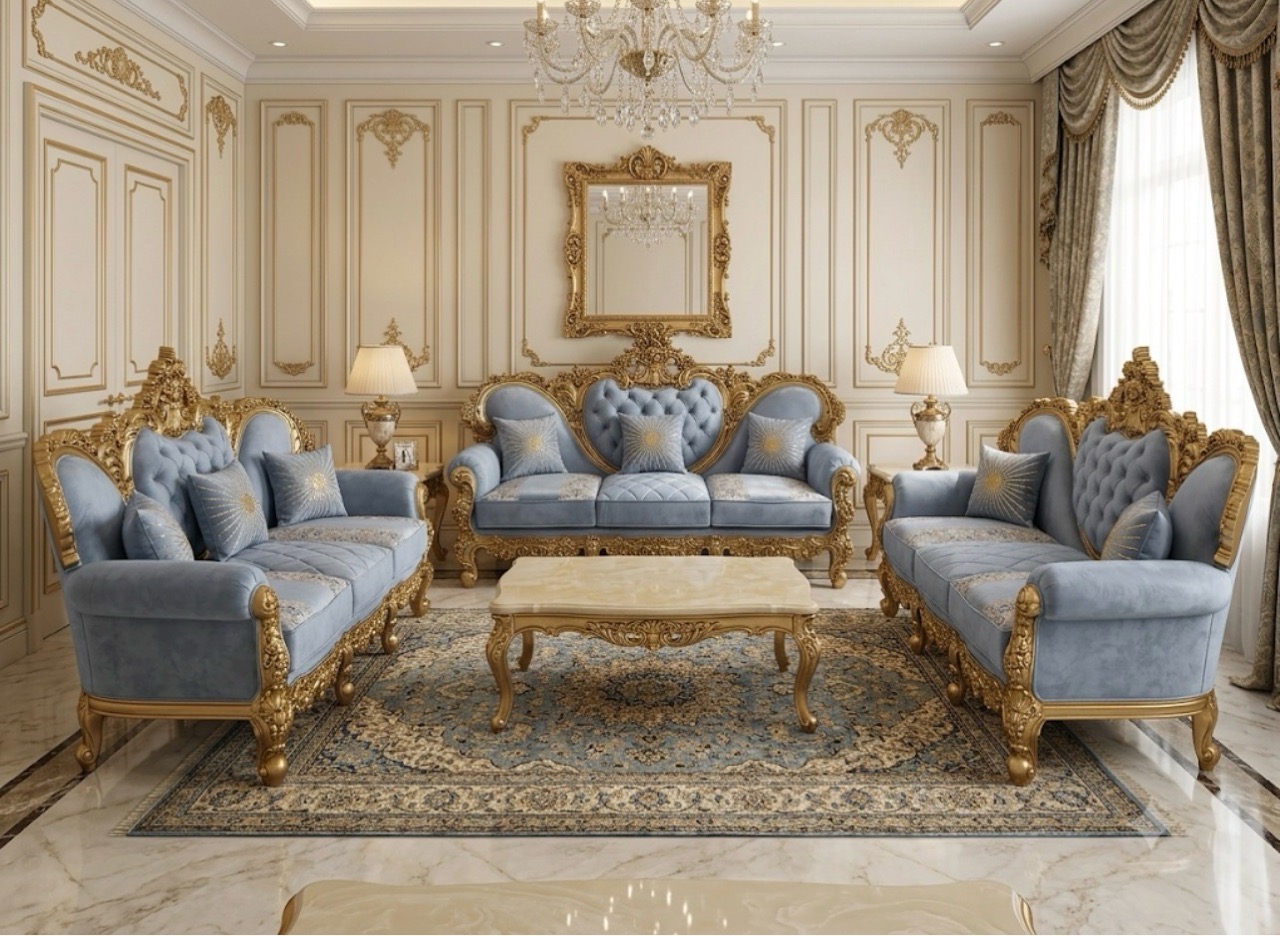 Luxury Gold and Blue Sofa Set view 2