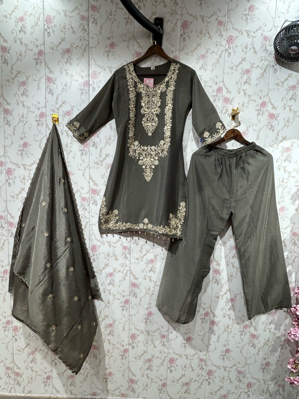 Embellished Olive Green Cotton Suit view 2