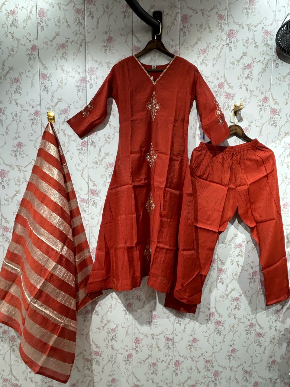Embroidered Red Cotton Kurta Set view 2