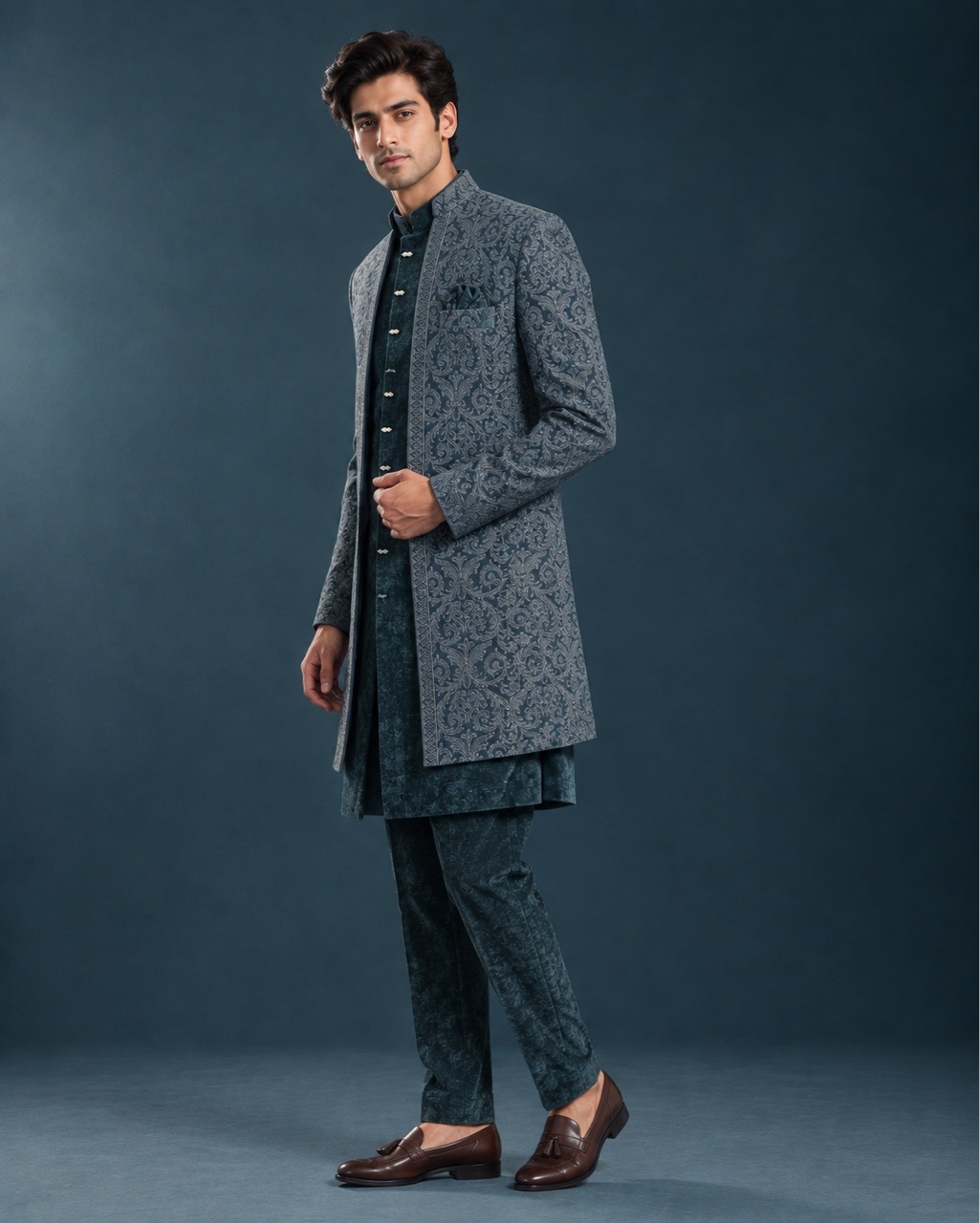 Deep-teal Velvet Indo-Western Set view 2