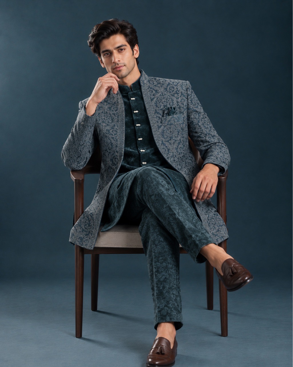 Deep-teal Velvet Indo-Western Set view 3
