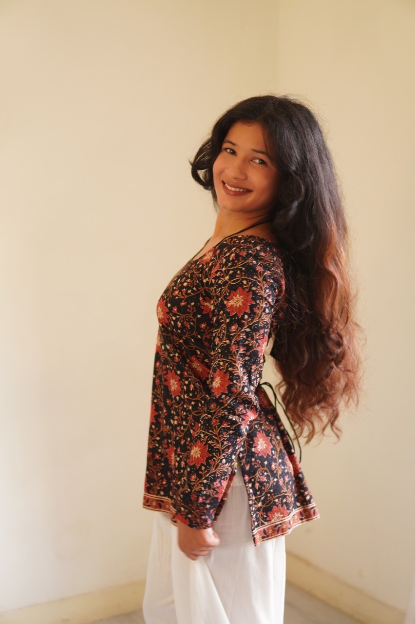Black Ajrak Print Halter Neck Kurti view 7