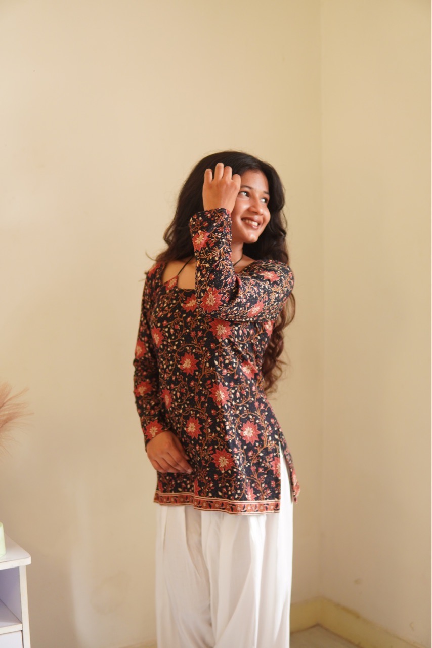 Black Ajrak Print Halter Neck Kurti view 9