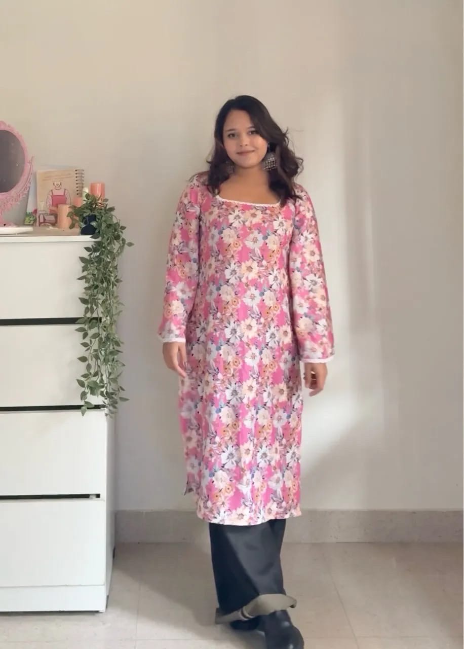 Floral Lace Trim Woolen Kurti - Yellow view 5