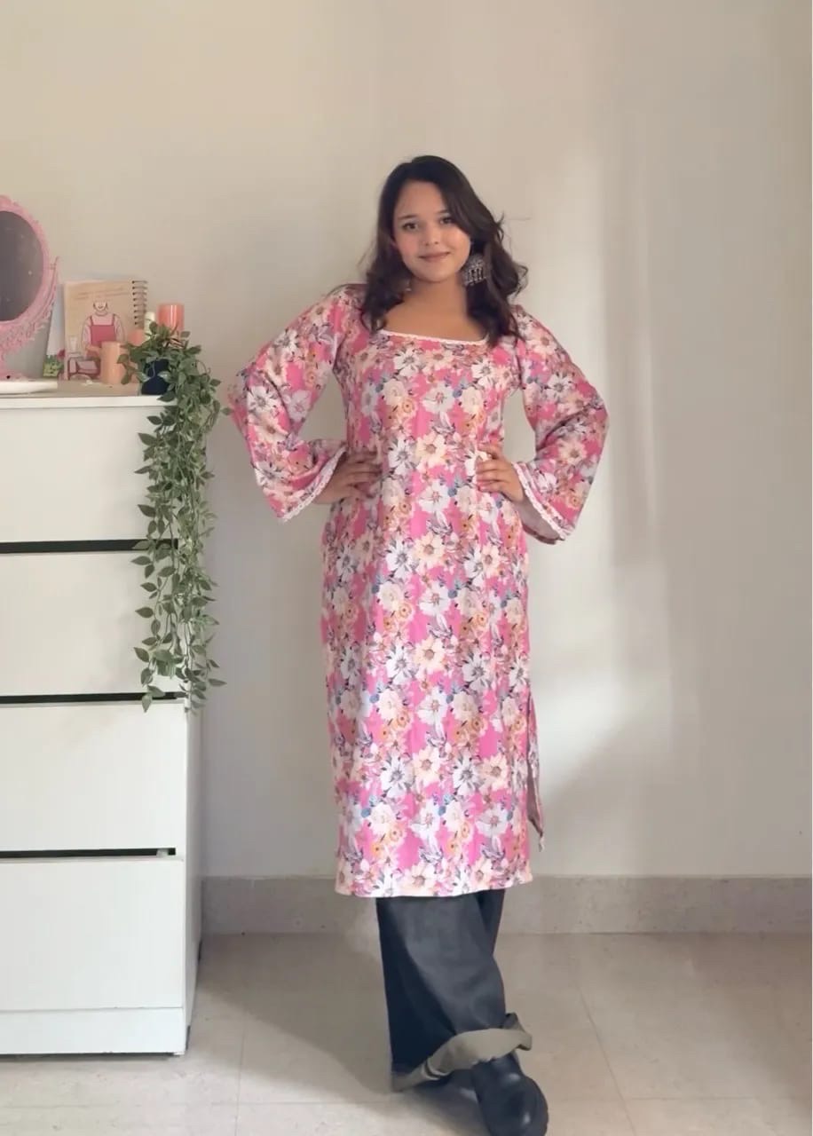 Floral Lace Trim Woolen Kurti - Yellow view 6