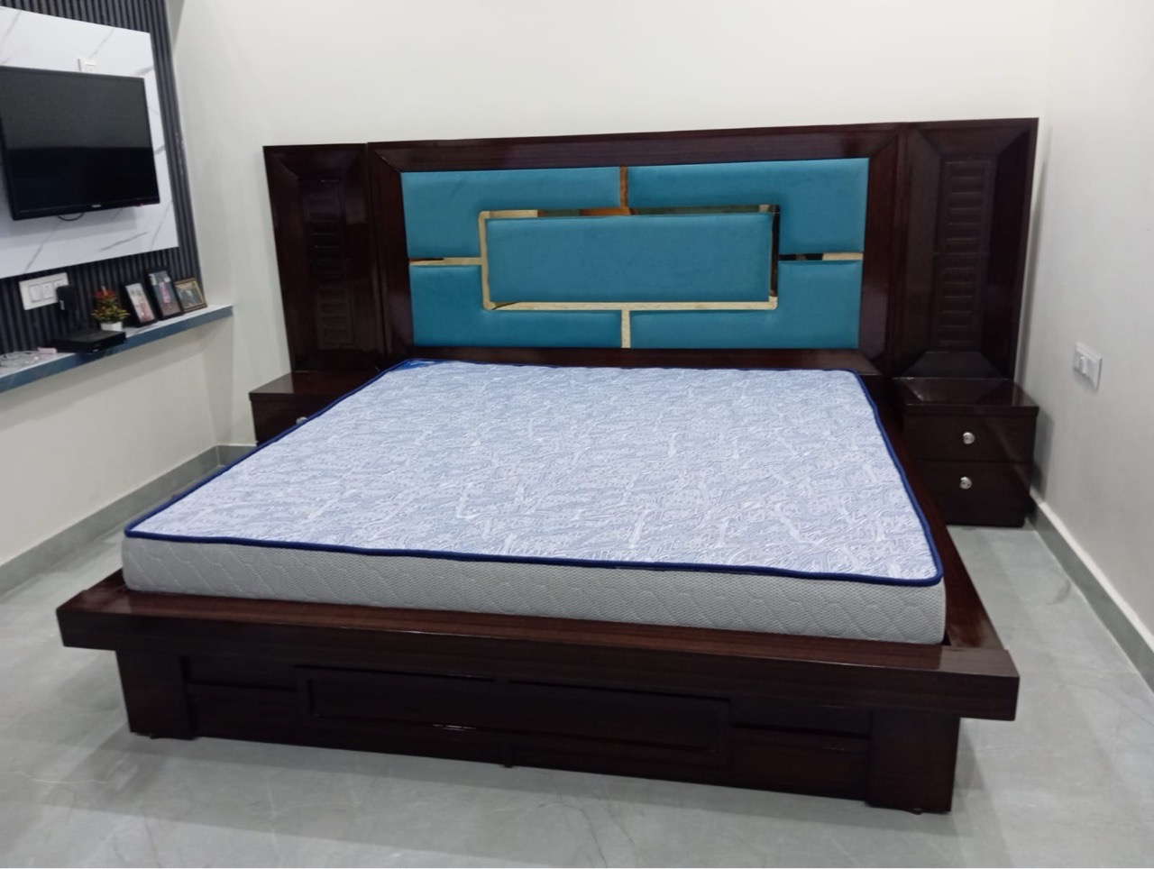 Modern Wooden Bed with Blue Upholstered Headboard view 2