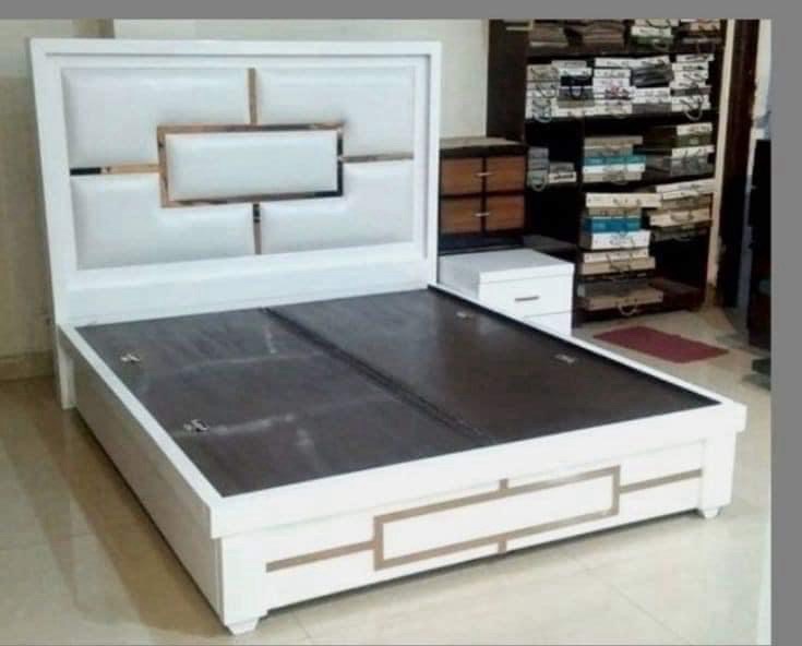 Modern Wooden Bed with Blue Upholstered Headboard view 4